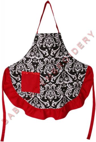 Damask Apron Smock Red Black Adult Full Length Embroidery Rhinestone Option