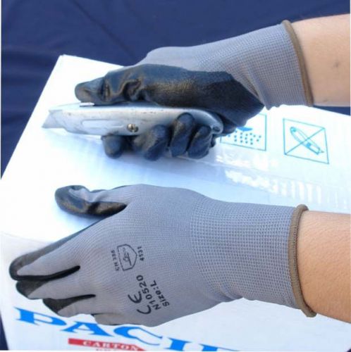48 Pairs Nylon Work Gloves w/ Black Foam Nitrile Palm Finger Coating S, M, X, XL