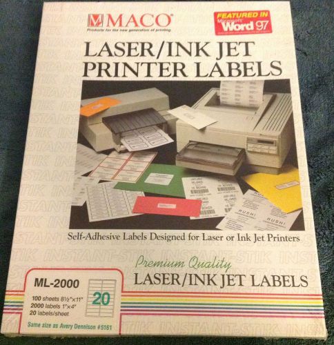Laser/Ink Jet PRINTER LABELS 1&#034;x4&#034; Maco ML-2000 - 1 Unopened Box of 2000 Labels