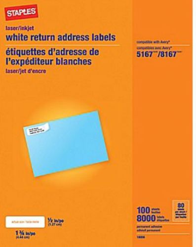 Staples  1/2 x 1-3/4 White laser/inkjet  Return Address Labels,  8,000 labels