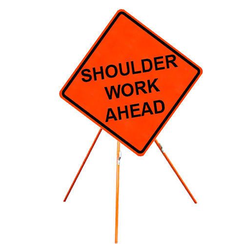 Shoulder work ahead 36&#034; x 36&#034; vinyl fluorescent roll up sign and tripod stand for sale