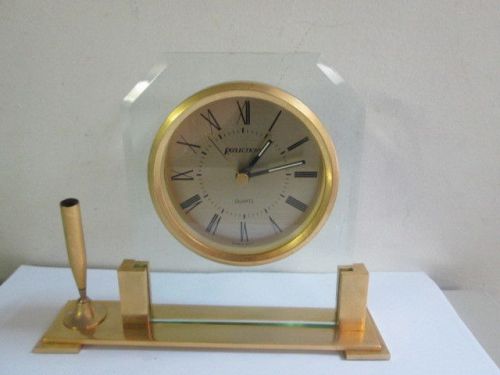 7&#034;  REFLECTIONS BRASS QUARTZ  DESK CLOCK AND PEN HOLDER  WITH BATTERY