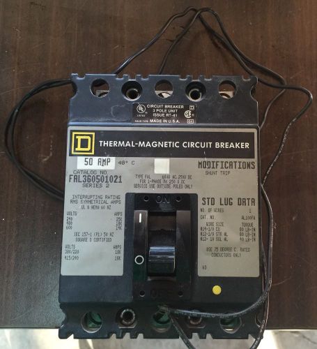 Square D 50 Amp 3 Pole 600V Circuit Breaker With Shunt Trip FAL360501021