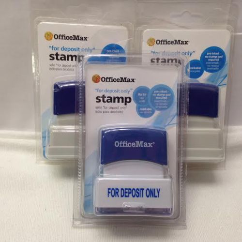 Set of 3 OfficeMax Pre-Inked 1-color Message Stamps, For Deposit Only, Blue