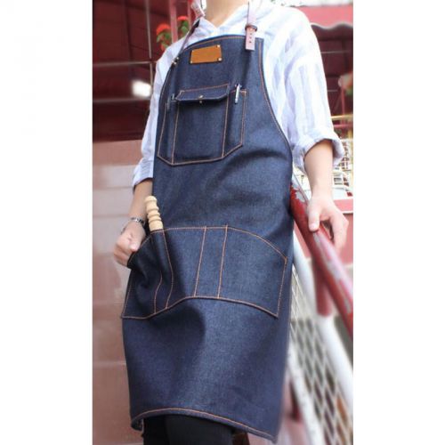 Unisex Denim Bib Apron w/ Leather Straps&amp;Pockets Barista Gardener Work Uniforms