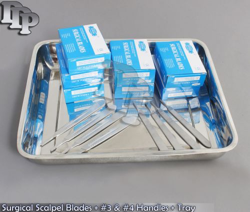 Surgical Scalpel Blades #10,11,12,15,20,21,22,23,24, + #3 &amp; #4 Handles + Tray