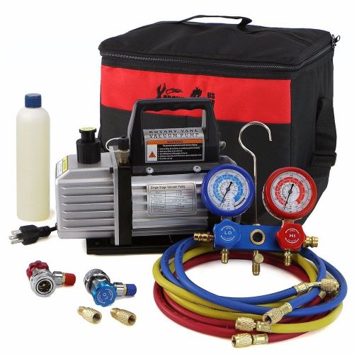 3cfm 1/4 hp vacuum pump hvac refrigeration ac manifold gauge carry tote r134 r12 for sale