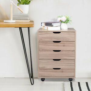 Five Drawers Filing Cabinets Rolling Wooden  Nightstand Storage Bedside