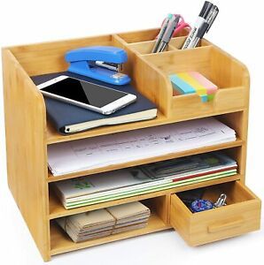 Bamboo Office Desk File Organizer with Drawer, 4-Tiers Bamboo Document Letter 9