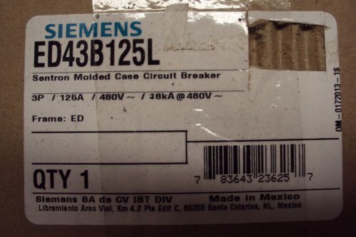 Siemens ED43B125L Circuit Breaker, 125 Amp / 3-Pole / 480 Volt