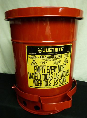 NEW Justrite Red  09100 Oily Waste Safety Can 6 Gallon  w/ Foot  Lever  Made USA
