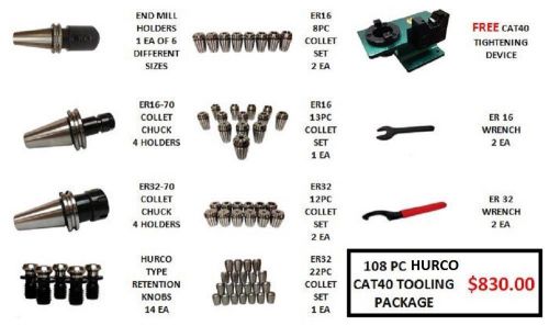 108 pc hurco cat40 tooling package~end mill holders~collets~retention knobs for sale