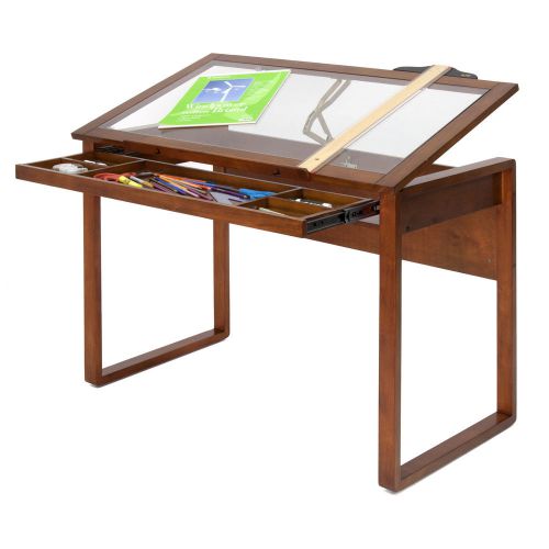 New!! Wood Drafting Table Durable Tempered Glass Surface Five Partition Drawer