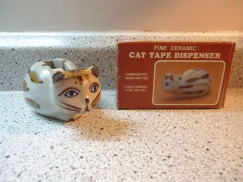 #18) VINTAGE CAT TAPE DISPENSER   FINE CERAMIC HAND PAINTED WITH BOX