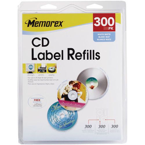 Memorex White CD Labels, Matte Finish. 300 Count (32020403), New