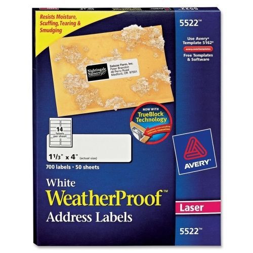 Avery Weather Proof Mailing Label -1.33&#034;Wx4&#034;L - 700/Pack - Laser -White