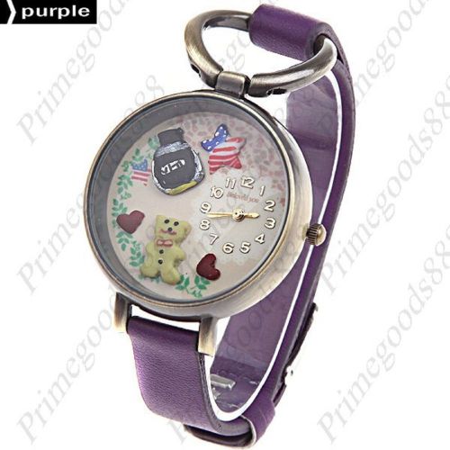 Teddy Bear Star PU Leather Lady Ladies Wrist Quartz Wristwatch Women&#039;s Purple