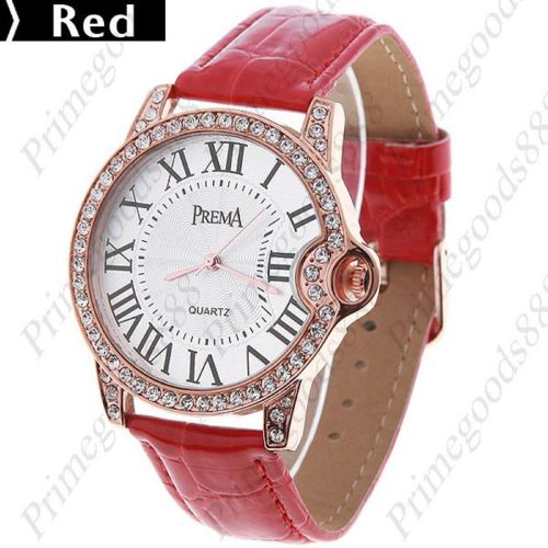 Synthetic Leather Rhinestones Wrist Lady Ladies Quartz Wristwatch Women&#039;s Red
