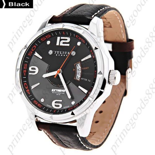 Calendar Genuine Leather Band Men&#039;s Wrist Quartz Wristwatch Free Shipping Black