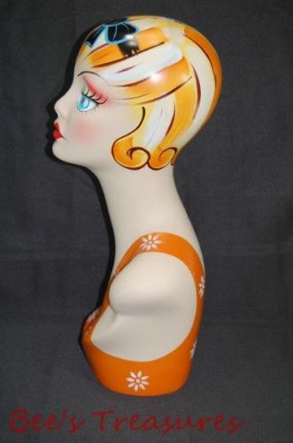 Vintage fiberglass female manikin head with blue bow for jewelry display for sale