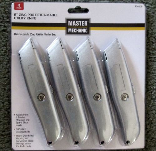 Master Mechanic 6&#034; Zinc Pro Retractable Utility Knives 4 Pack NIB