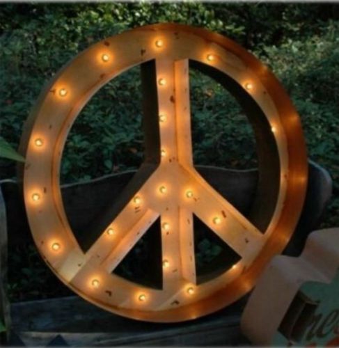 24&#034; Tin Metal Lighted Peace Sign, Chic Groovy Far Out, Metal Retro Wall Art