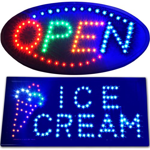 OPEN &amp; ICE CREAM LED Animated Store Signs neon Oval display shop cafe yogurt NEW