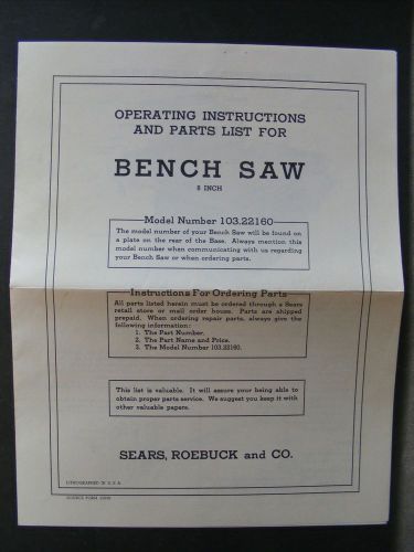 Vintage Sears Bench Saw Operating Instructions &amp; Parts List Manual