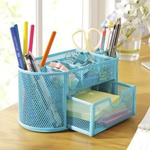 Blue Steel Office Desk Mesh Fencing Pen Pencil Holder Organizer Container Gift