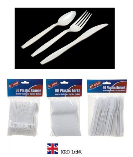 HEAVY DUTY DISPOSABLE CUTLERY White Plastic Spoons - Knives - Forks Party BBQ