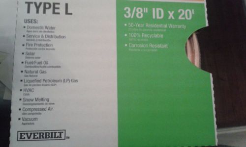 EVERBILT COPPER COIL TYPE L  3/8&#034;IDX 20ft. CORROSION RESISTANT  ORIGINAL BOX