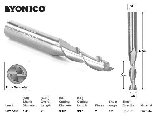 Yonico 31212-SC CNC Router Bit Up Cut Solid Carbide with 3/16-Inch X 3/4-Inch X