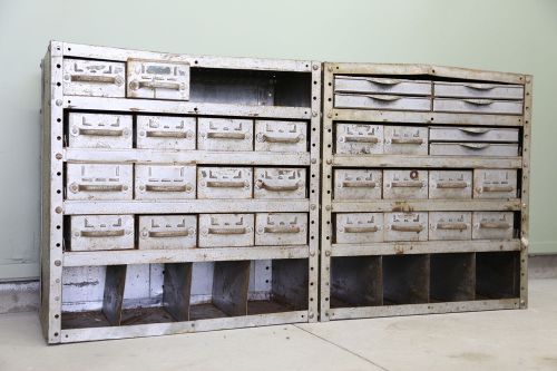 Vintage industrial equipto steel file drawer cabinet small parts bins organizer for sale