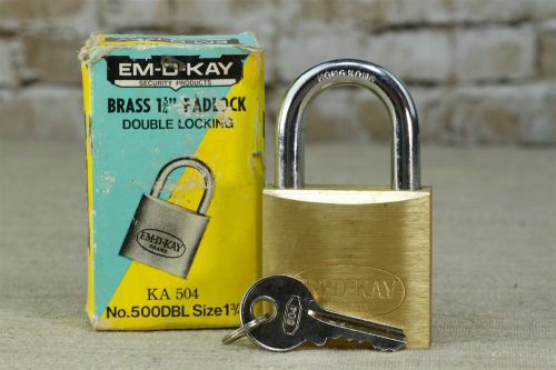 Vinatge EM-D-Kay Brass 1 3/4&#034; Padlock Double Locking #KA504 Steel Shackle w/ Box