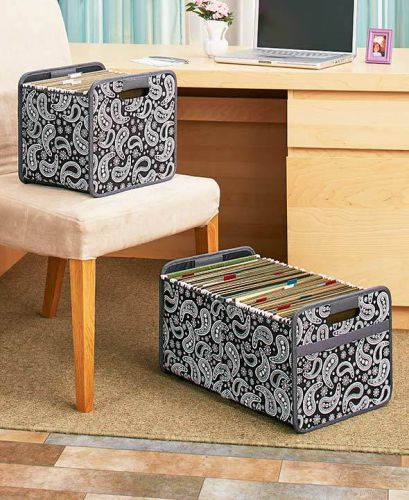 Collapsible Black &amp; White Paisley File Organizer. Home or Office File Storage.