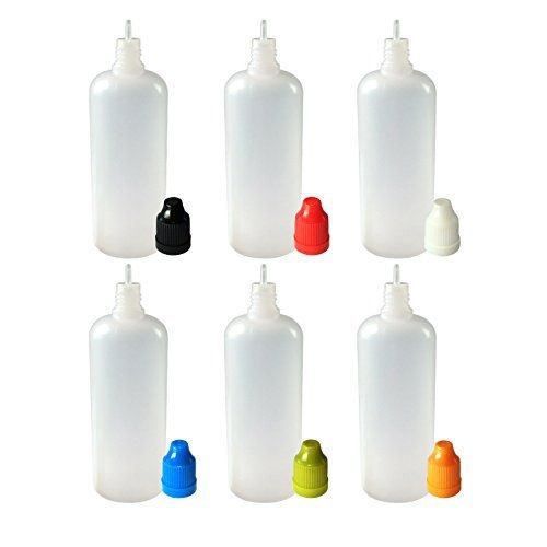510 Central 100mL LDPE Plastic Bottle - Long Thin Tip w. Childproof Cap - 6 Pack