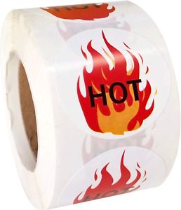 Fluorescent Red Hot Stickers - 1.5 Inch Flame Stickers Hot Labels - HOT Imprint