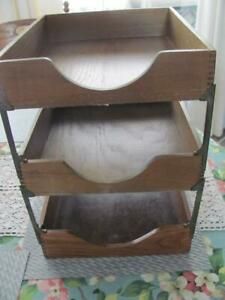 VTG MID CENTURY 3 TIER HEDGES FILES DESK IN &amp; OUT BOX TRAYS WOOD &amp; METAL USA