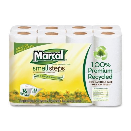 Marcal Small Steps Recycled Premium Bath Tissue - 168 Shts/Roll - 16 ROLLS