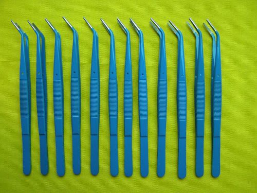 Lot of 12Pcs-College Dental Tweezer 6&#034; Angled(Blue Coated)Ear Forceps Veterinary