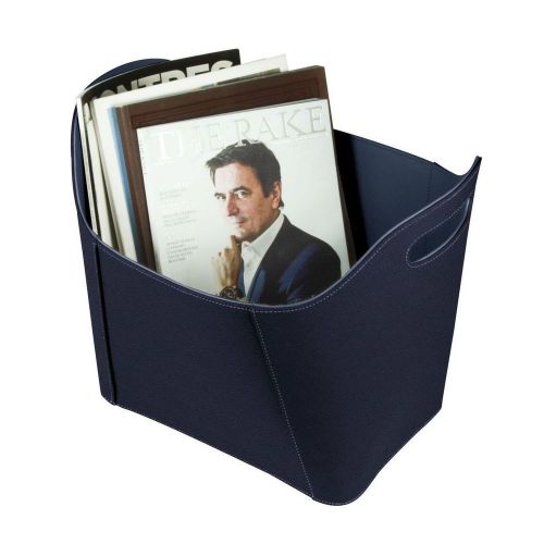 LUCRIN-Basket for Newspapers/Magazines-Granulated Cow Leather-Navy blue