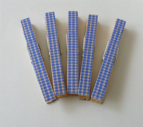 WOOD CLOTHESPIN CLIPS / Blue Gingham Full Size Set of 5 Patriotric Picnic