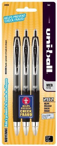 uni-ball 207 Retractable Medium Point Gel Pens, 3 Black Ink Pens 33959