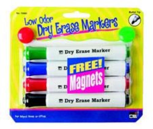 Low Odor Dry Erase Tank Style Marker Set 4 Count With 2 Free Magnets