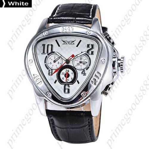Triangle 6 Hands PU Leather Strap Mechanical Wrist Men&#039;s Wristwatch Silver White