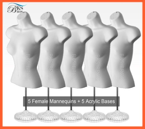 5 White Female Mannequin Torso w/ Stand + Hanging Hook Dress Form Women