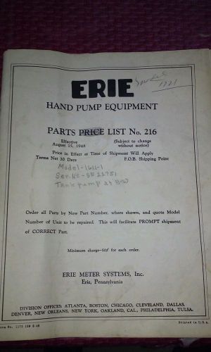 Old vintage erie hand pump parts price list qt pumps rotary pumps 1948 for sale