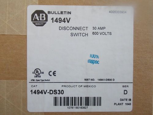 Allen-Bradley 1494V-DS30 Disconnect Switch, 30A, 600VAC NEW