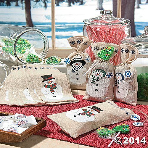 Snowman Painted Canvas Gift Bags with Ties Pack of 12