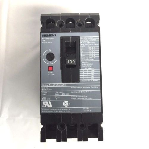 Siemens ite ed63a100 type ed6-eti 3p 100a motor circuit interrupter breaker b3 for sale